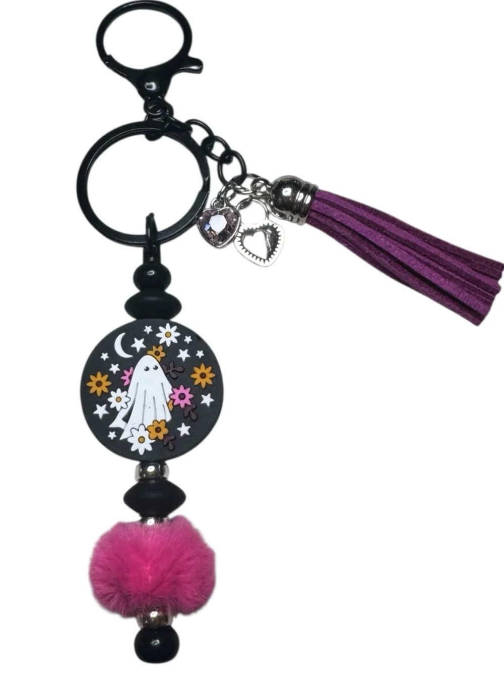 FLOWER POWER-Purple Tassel & Pink Pom Ghost Keychain Purse Charm
